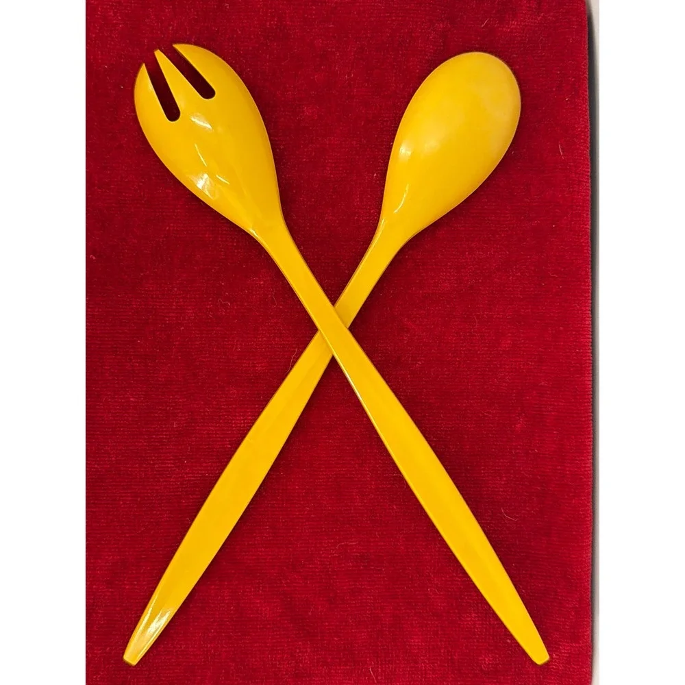 Vtg Mustard Yellow Melamine Salad Servers MCM Retro Kitchen Serving Set 11.5